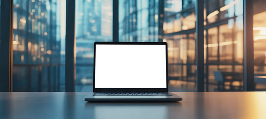 Laptop With Transparent PNG Screen on a High-Rise Office Desk for Branding and Advertisement Cutout Display Background