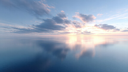 Fototapeta premium A tranquil ocean horizon at dawn, with soft pastel clouds and gentle sunlight reflecting on the calm waters