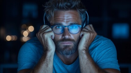 Late night focused individual with headphones home office digital portrait dimly lit introspective vibes