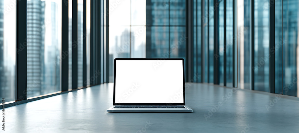 Canvas Prints professional laptop display with png cutout screen for branding in a high-rise office with transpare