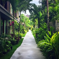 Lush pathway between tropical homes