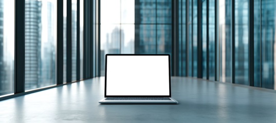 Professional Laptop Display with PNG Cutout Screen for Branding in a High-rise Office with Transparent Glass Walls