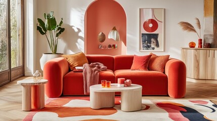 Vibrant coral living room interior with modern furniture and abstract art.