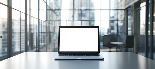 Fototapeta premium High-Rise Office Setting With a Laptop and Transparent PNG Cutout Screen in the Foreground Background