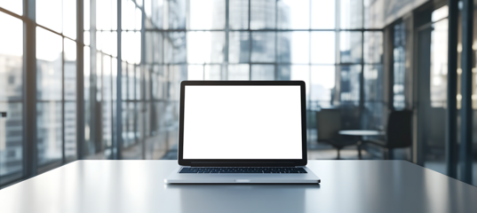 High-Rise Office Setting With a Laptop and Transparent PNG Cutout Screen in the Foreground Background