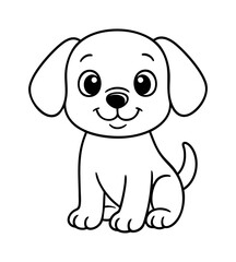 Cute cartoon puppy illustration for kids, black and white pet dog line art, smiling baby dog drawing for coloring book or educational materials