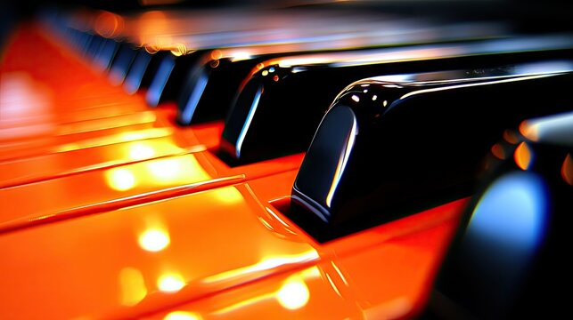 Vibrant piano keys reflecting light, creating warm, artistic tones with sharp focus