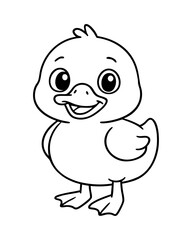 Cute cartoon duck illustration for kids, black and white farm bird line art, smiling duckling drawing for coloring book or educational materials