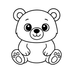 Cute cartoon bear illustration for kids, black and white forest animal line art, smiling baby bear drawing for coloring book or educational materials