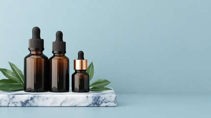 Naklejka premium Essential oil bottles display minimalist studio product photography calm ambiance close-up view wellness concept