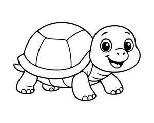 Cute cartoon turtle illustration for kids, black and white reptile line art, smiling tortoise drawing for coloring book or educational materials
