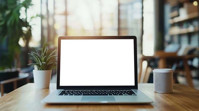 Minimal Office Setup with Laptop and Transparent PNG Cutout Screen on Wooden Table, Copy Space on Right Side