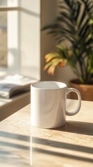 Minimalist White Coffee Mug on Table with Natural Sunlight