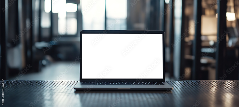Poster laptop with blank transparent png screen on a metal table in an office space with text space backgro