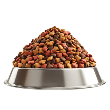 A full metal bowl of delicious dry pet food kibble for dogs and cats red on transparent background
