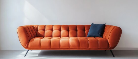 A Stylish Orange Couch With A Dark Blue Pillow Sits Against A Bright White Wall, Bathed In Sunlight. The Scene Is Minimalistic And Serene.