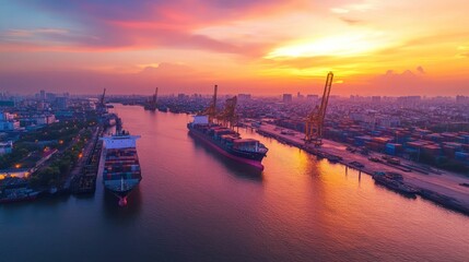 Fototapeta premium Container Ships Docked at a Bustling Port City During a Vibrant Sunset