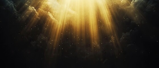 Radiant golden light streams down from above, illuminating dark clouds