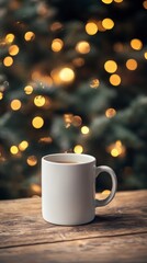 Obraz premium Cozy White Mug on Wooden Table with Blurred Festive Lights