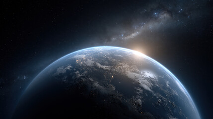Naklejka premium The Earth seen from space, with the Milky Way galaxy in the background, a dark sky