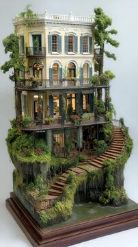 Intricate miniature house model on a cliffside, featuring lush greenery, wooden stairs, and a yellow building with blue shutters. Detailed craftsmanship is evident in the miniature's design.