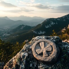 Mountaintop carving, tranquil vista