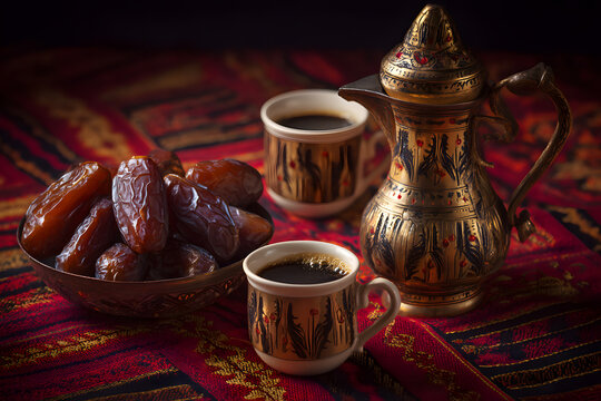 Ripe dates served alongside steaming Arabic coffee cups and ornate dallah coffee pot in traditional setup