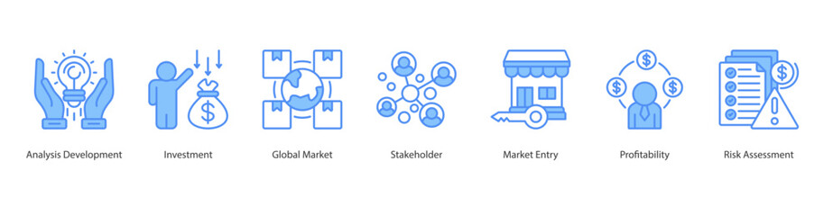 Global Market icon sheet web vector illustration analysis development, investment, global market, stakeholder, market entry, profitability, risk assessment