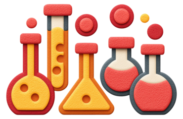 Colorful laboratory glassware and chemical symbols isolated on transparent background.
