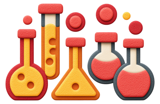 Colorful laboratory glassware and chemical symbols isolated on transparent background.