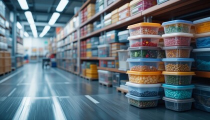 Organizing colorful storage containers in a warehouse inventory management business environment indoor close-up view efficiency concept