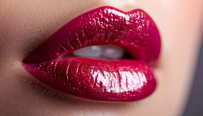 Obraz premium Glistening lips close-up with wet red gloss
