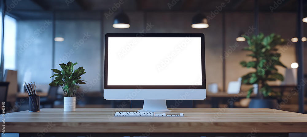 Poster a computer led with a blank transparent png screen on a wooden table in a bright office with large w