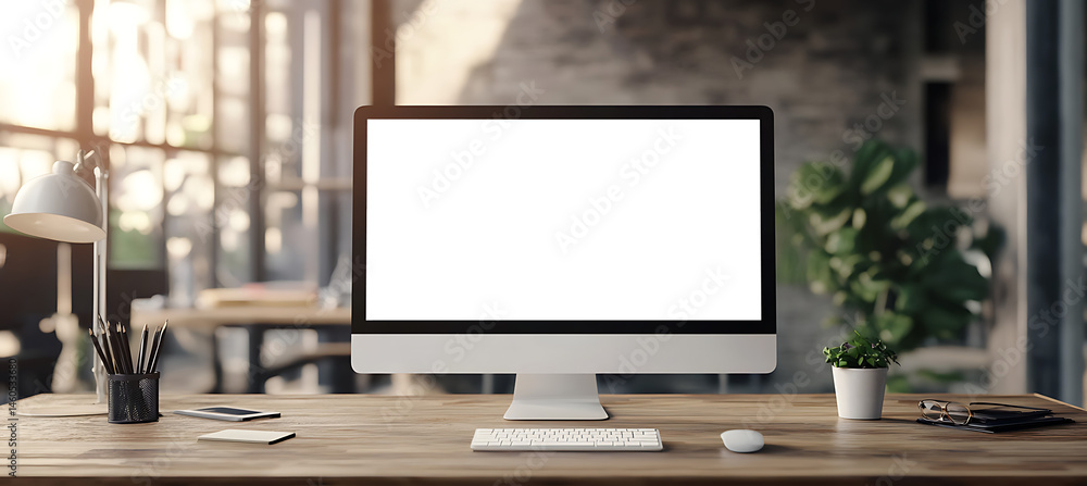Poster a computer led with a blank transparent png screen on a wooden table in a bright office with large w
