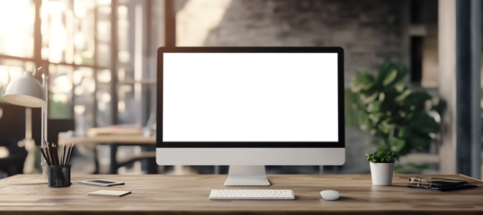 A computer LED with a blank transparent png screen on a wooden table in a bright office with large windows, copy space on the side.