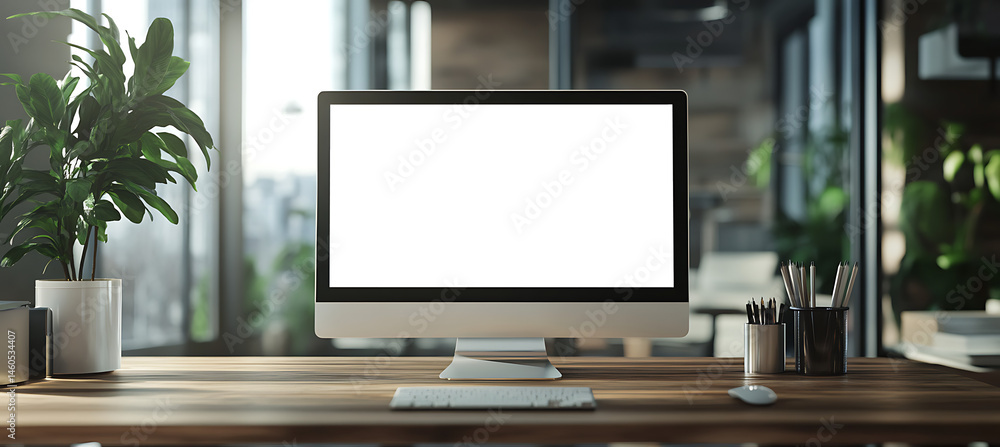 Poster transparent png cutout of a computer led screen placed on a clean office table background with space