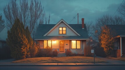 A picturesque suburban home glowing under soft evening light, with a rental property sign subtly placed in the corner, symbolizing the aspiration and steps toward owning a dream home 