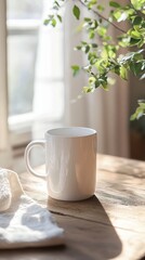 Obraz premium Simple White Coffee Mug on Wooden Table with Natural Light