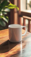 Minimalist White Coffee Mug on Wooden Table in Sunlit Room