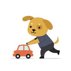 Cute dog flying red kite in autumn sweater cheerful running vector illustration 