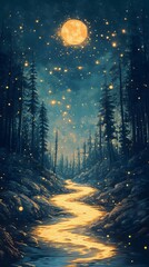 Mystical forest path under a full moon