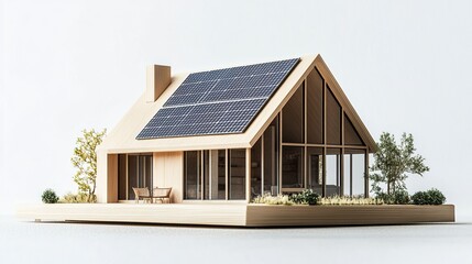 A realistic miniature house model equipped with a solar panel on its roof, isolated on a white background, symbolizing smart home design and energy savings 