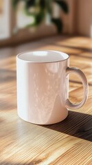 White Ceramic Coffee Mug on Wooden Table with Soft Morning Light