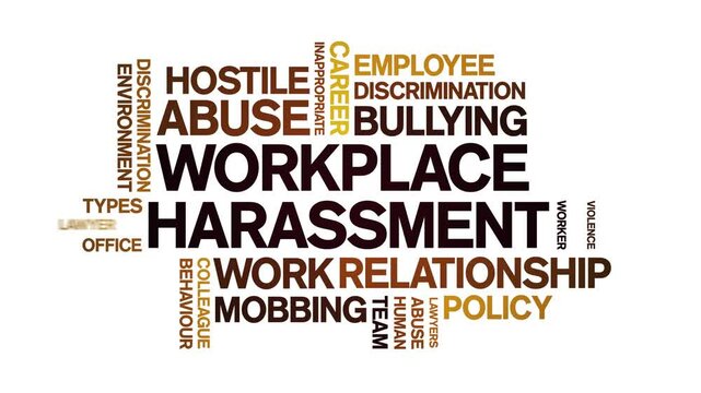 Workplace Harassment animated word cloud;text design animation tag kinetic typography seamless loop.