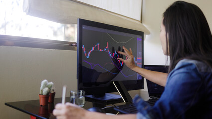 Trading woman analysing chart on crypto app. Stock exchange strategy concept