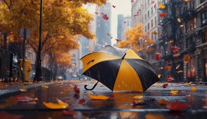 Autumn Rainy City Street with Umbrella and Fallen Leaves – Moody Urban Atmosphere