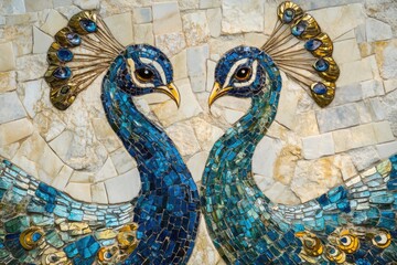 Obraz premium A stunning mosaic artwork depicting two peacocks facing each other, their vibrant plumage crafted from colorful tiles.