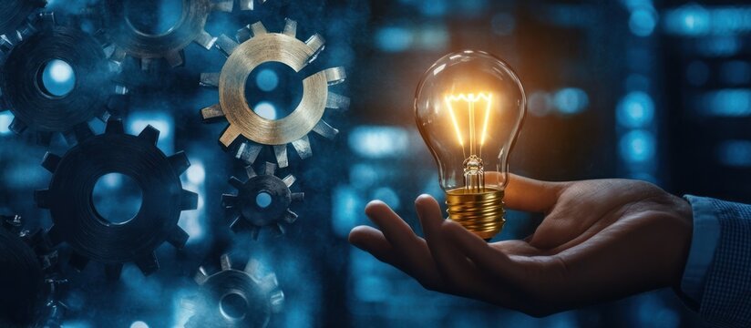 Illuminating innovation: a hand holding lightbulb amidst mechanical cogs and gears