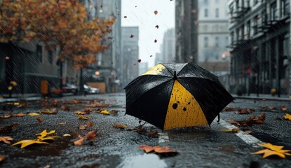 Autumn Rainy City Street with Umbrella and Fallen Leaves – Moody Urban Atmosphere