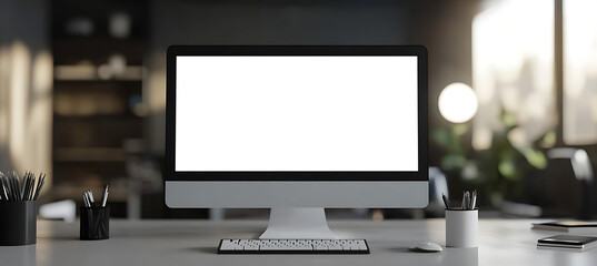 Transparent PNG Cutout of a Computer LED Screen Placed on a Clean Office Table Background with Space for Text